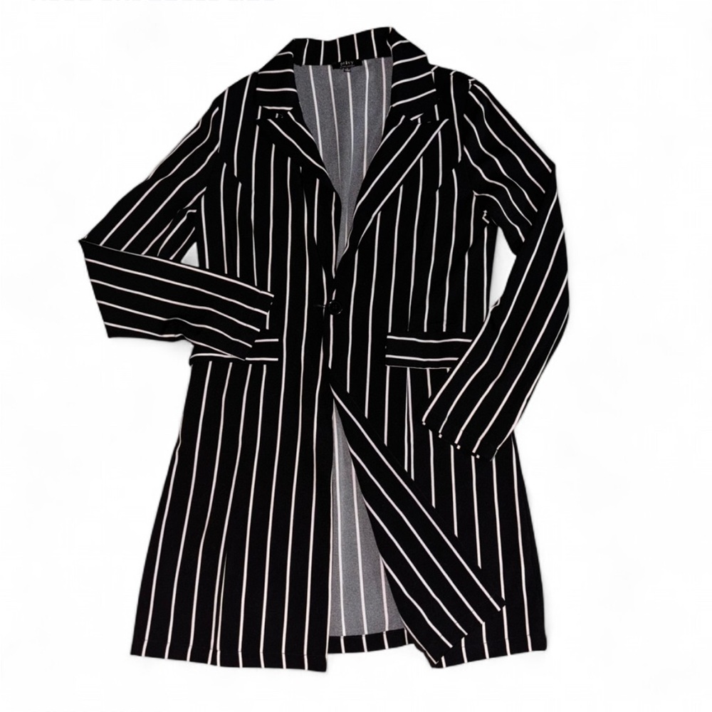 Black & White Striped Longline Women's Blazer - Picture 2 of 5